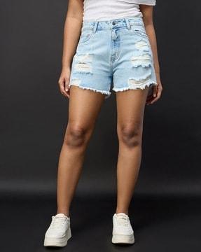 women washed distressed denim shorts