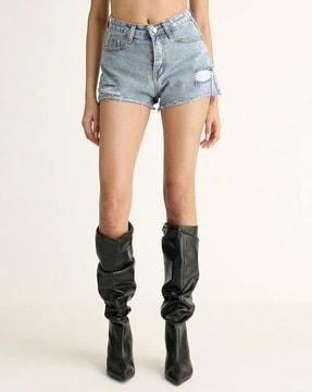 women washed distressed denim shorts