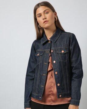 women washed flap-pocket denim trucker jacket