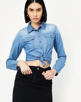 women washed regular fit shirt with flap pockets