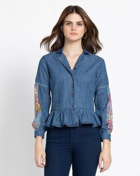 women washed regular fit shirt with ruffles