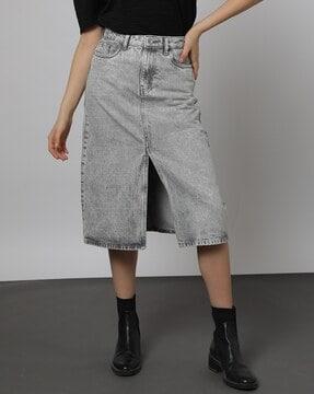 women washed straight fit denim skirt