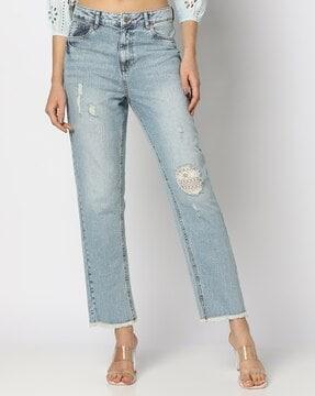 women washed straight fit distressed jeans