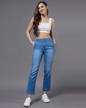 women washed straight jeans