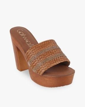 women weave pattern chunky-heeled sandals