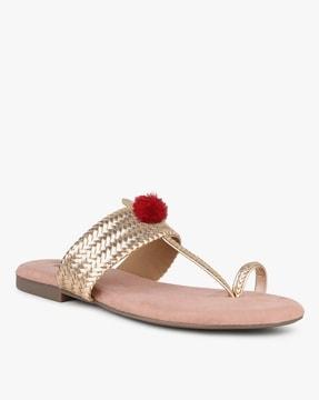 women weave pattern t-strap sandals
