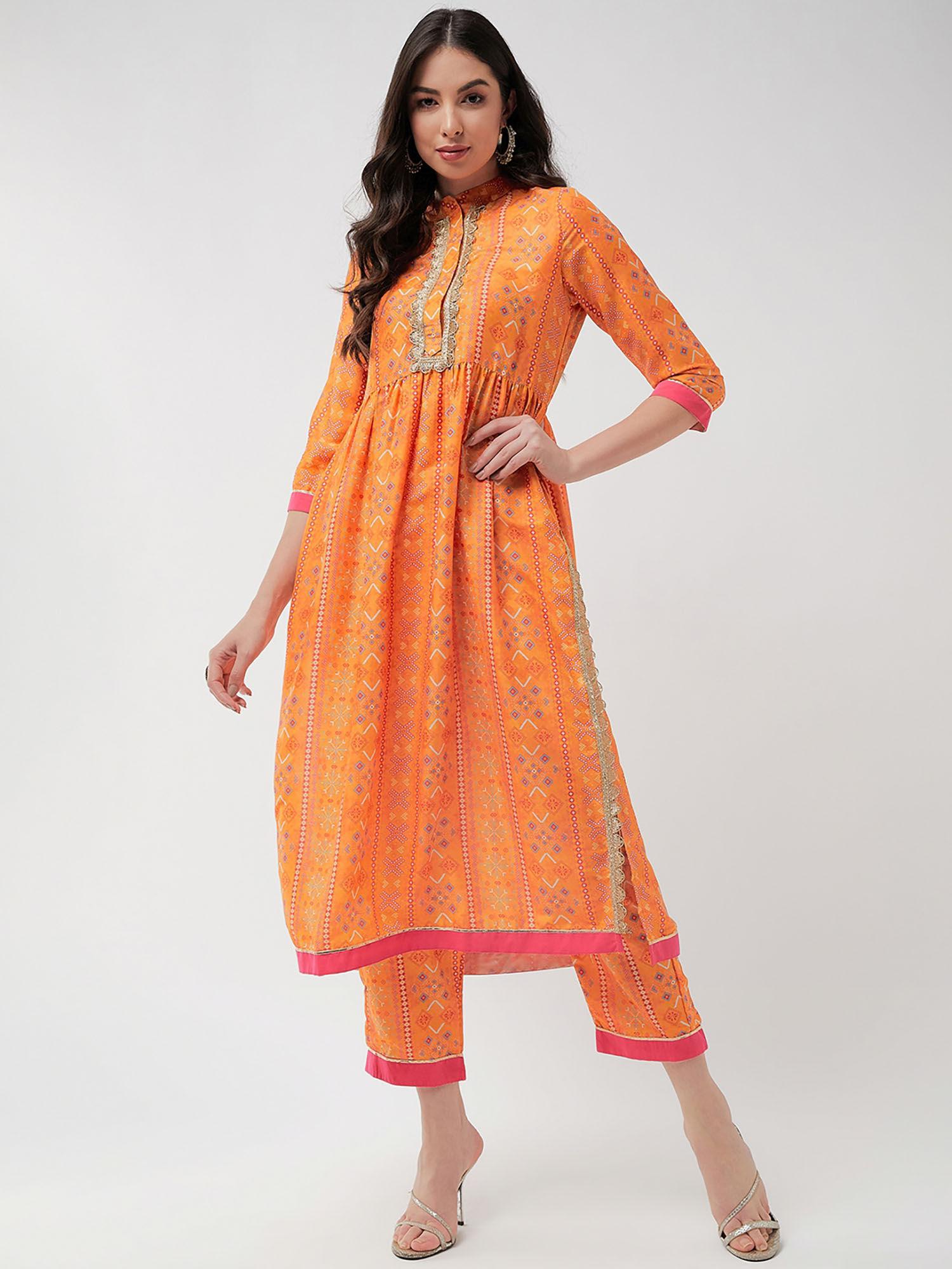 women wedding inspired digital floral printed kurta with lace at placket