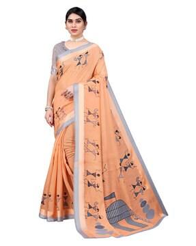 women werly print saree with contrast border