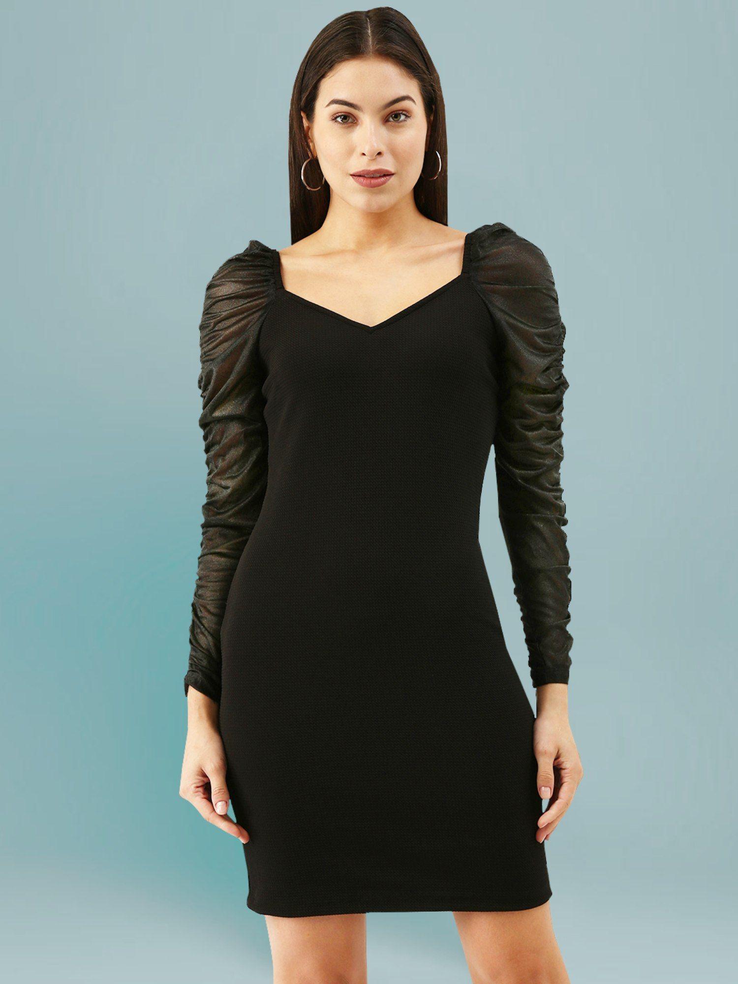 women western black mesh ruched sleeve bodycon dress