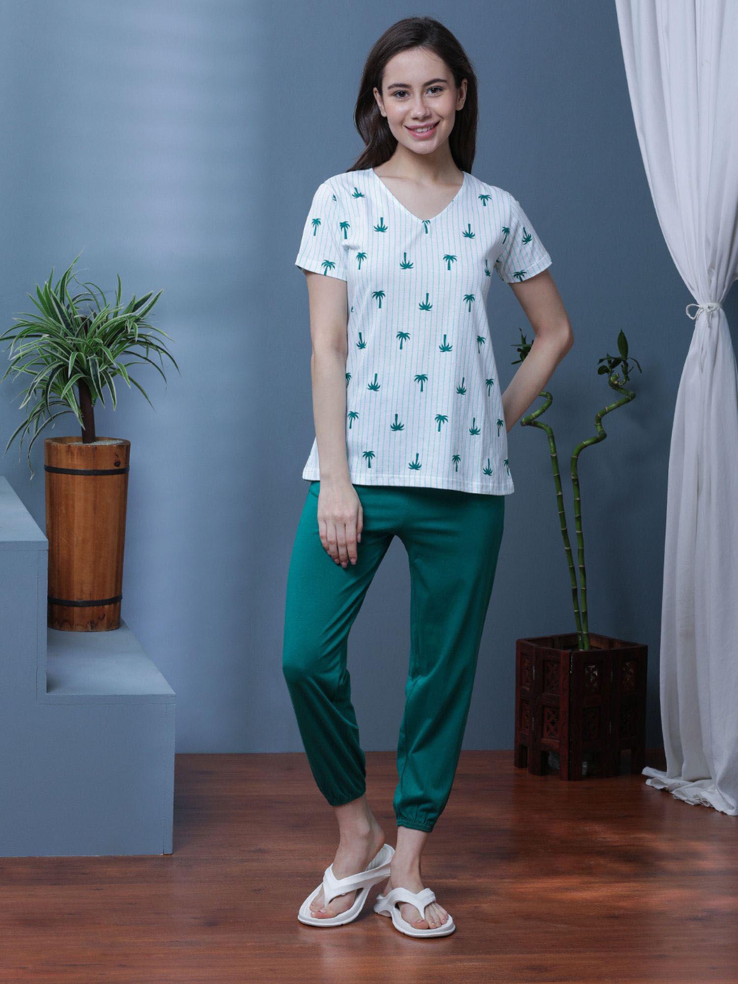 women white & alphine green printed t-shirt & pyjama (set of 2)