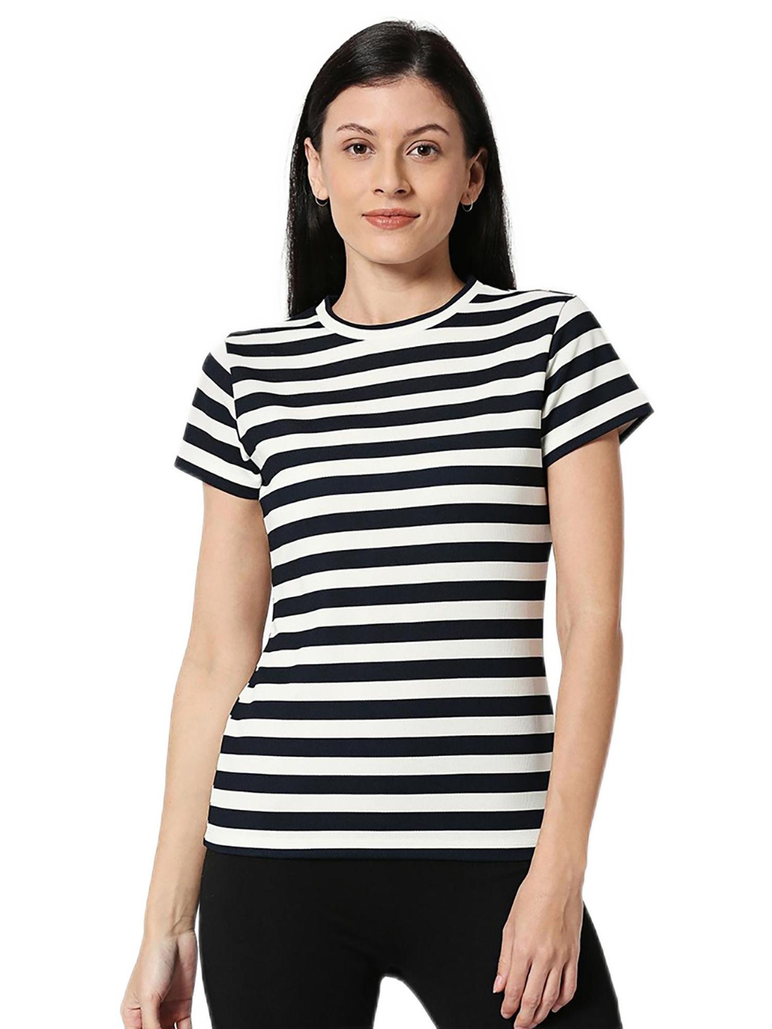 women white & black horizontal-stripes slim fit t-shirt