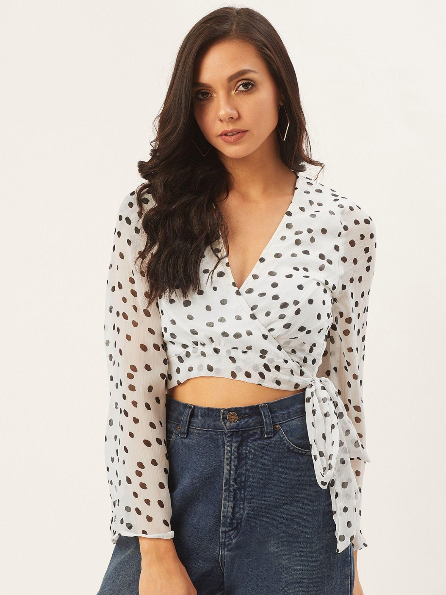 women white & black printed wrap crop top