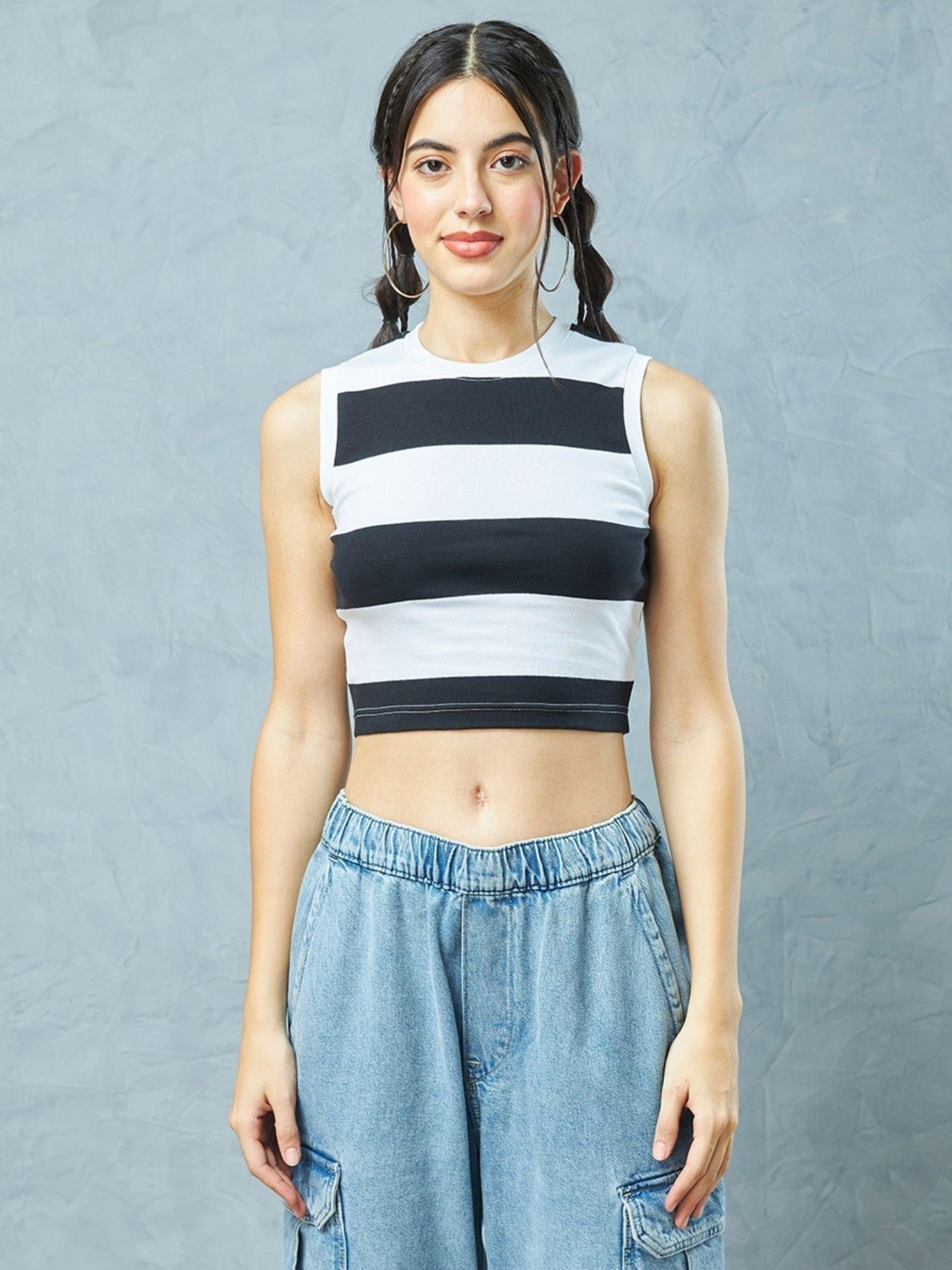 women white & black striped slim fit short top