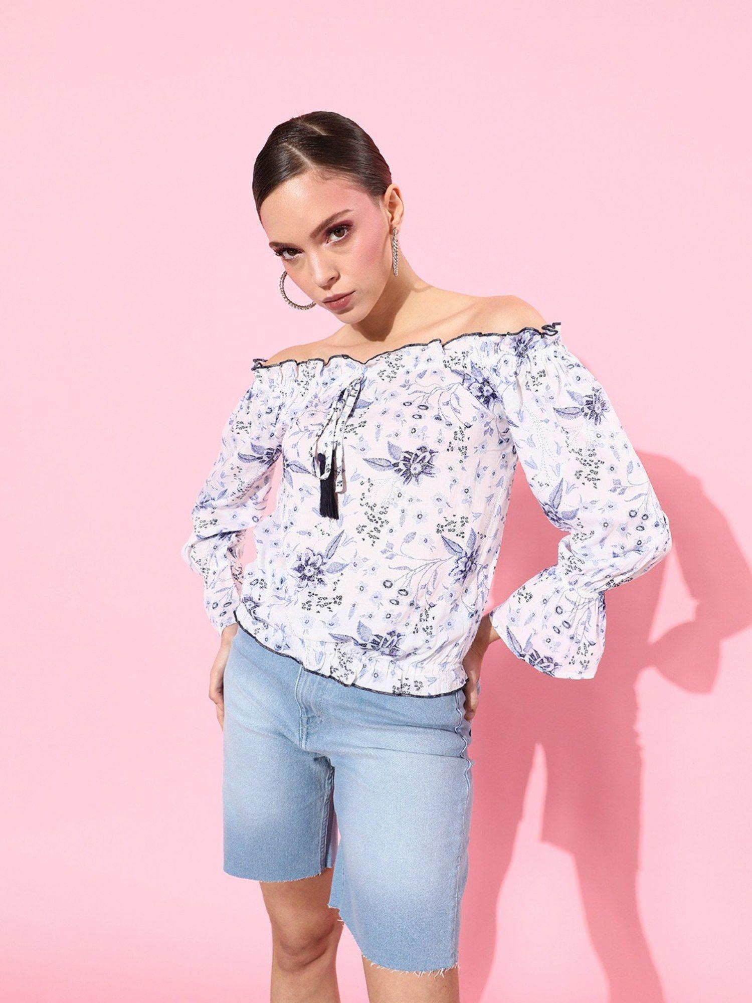 women white & blue floral print off-shoulder blouson top