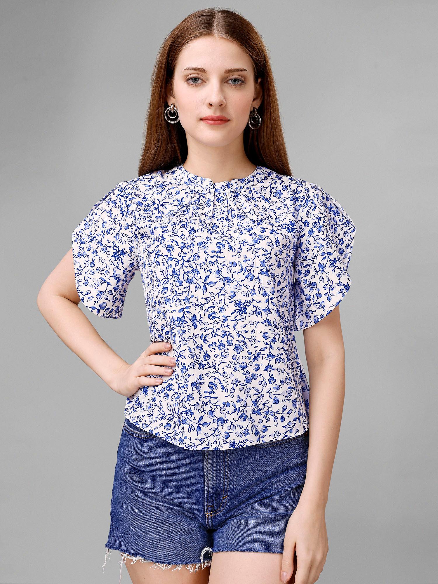 women white & blue printed crepe top