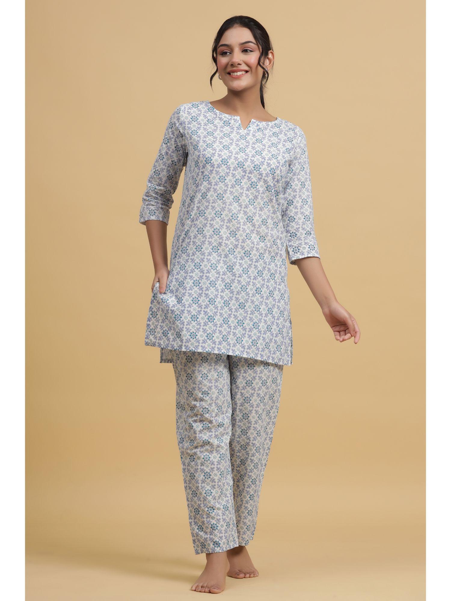 women white & blue pure cotton printed night suit (set of 2)