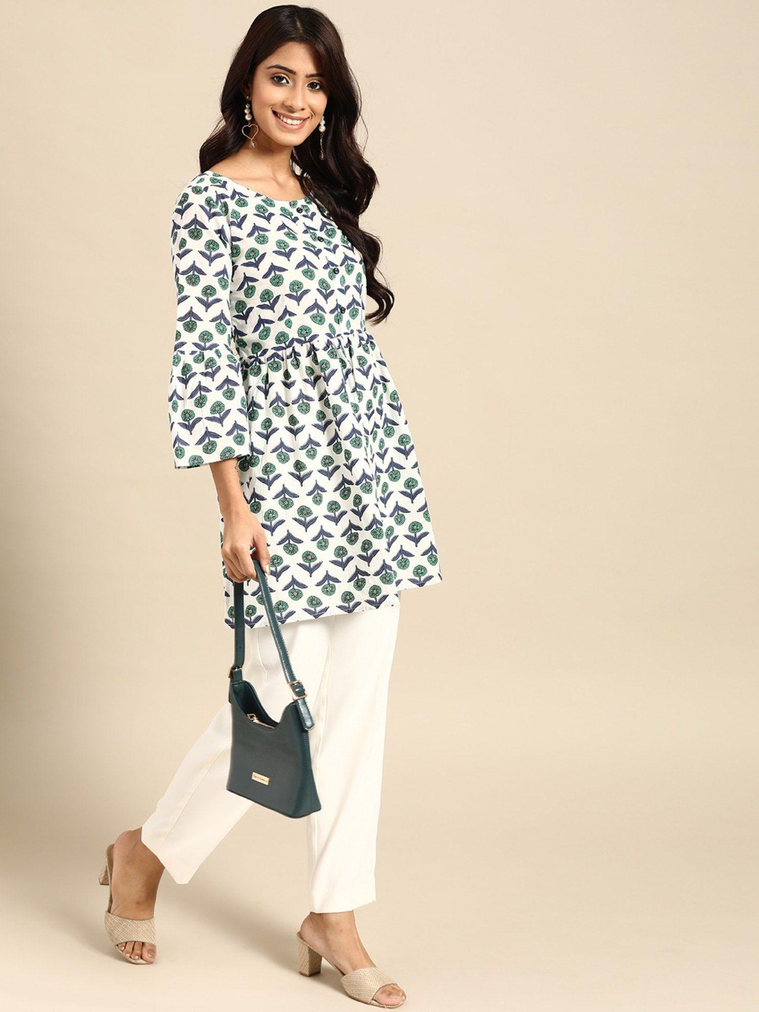 women white & green sanganeri block print a-line kurti