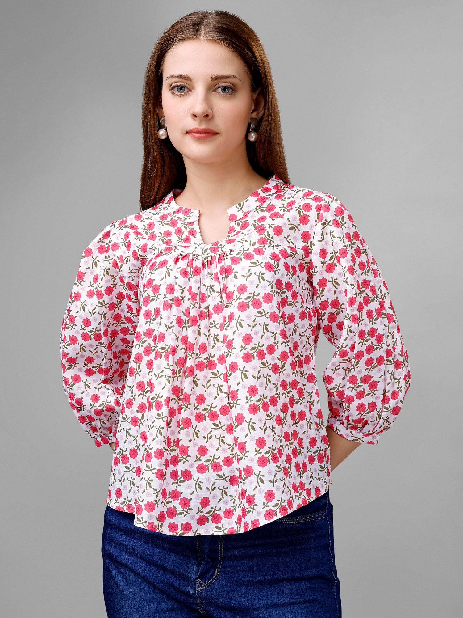 women white & pink balloon sleeves cotton top