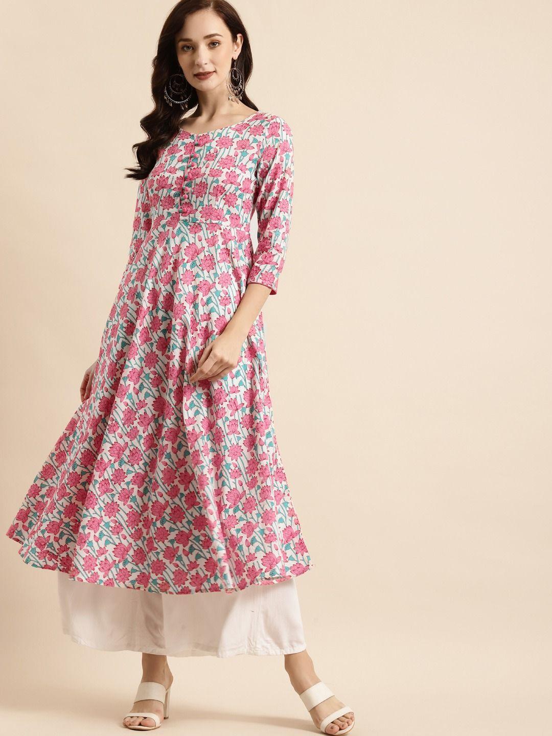 women white & pink cotton floral print a-line kurta