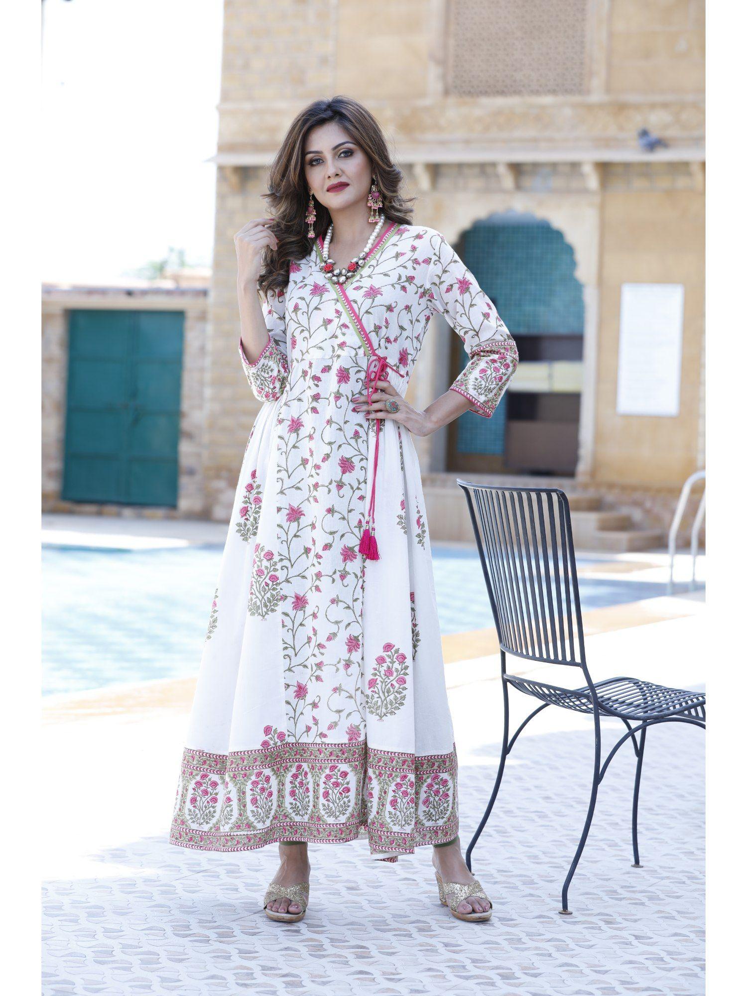 women white & pink ethnic motifs printed kurta