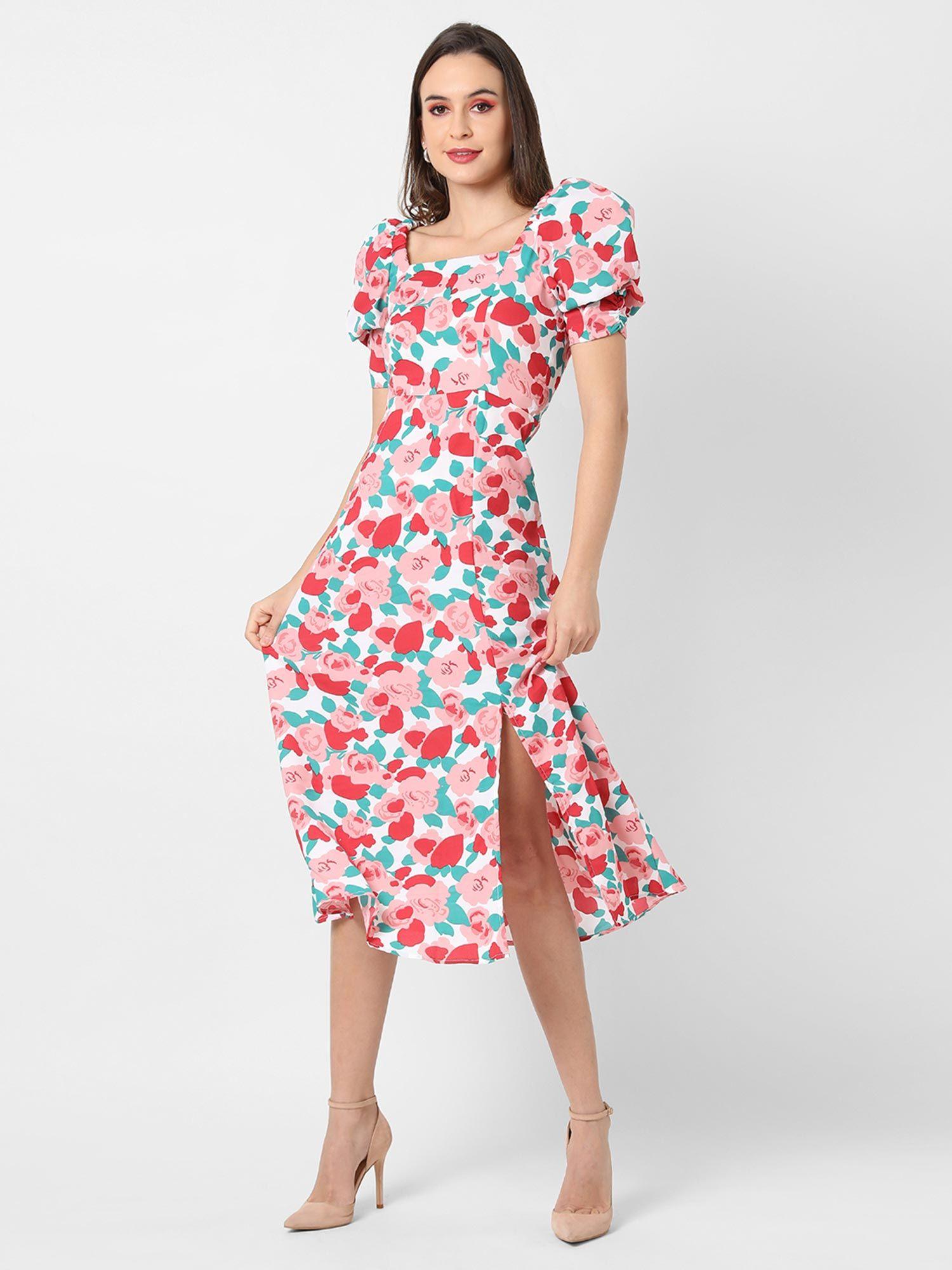 women white & pink floral printed knee length casual dress