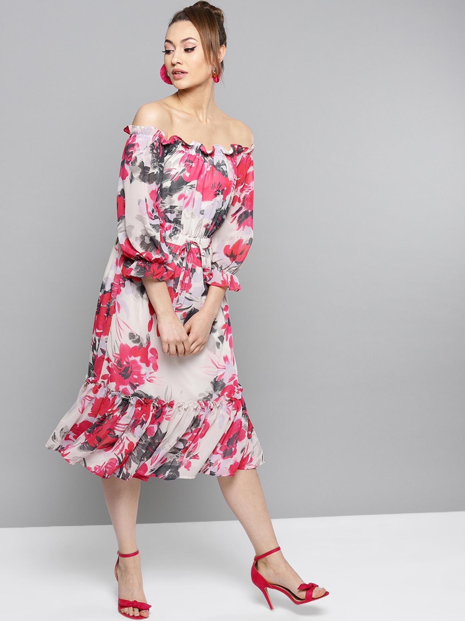 women white & pink printed midi a-line dress