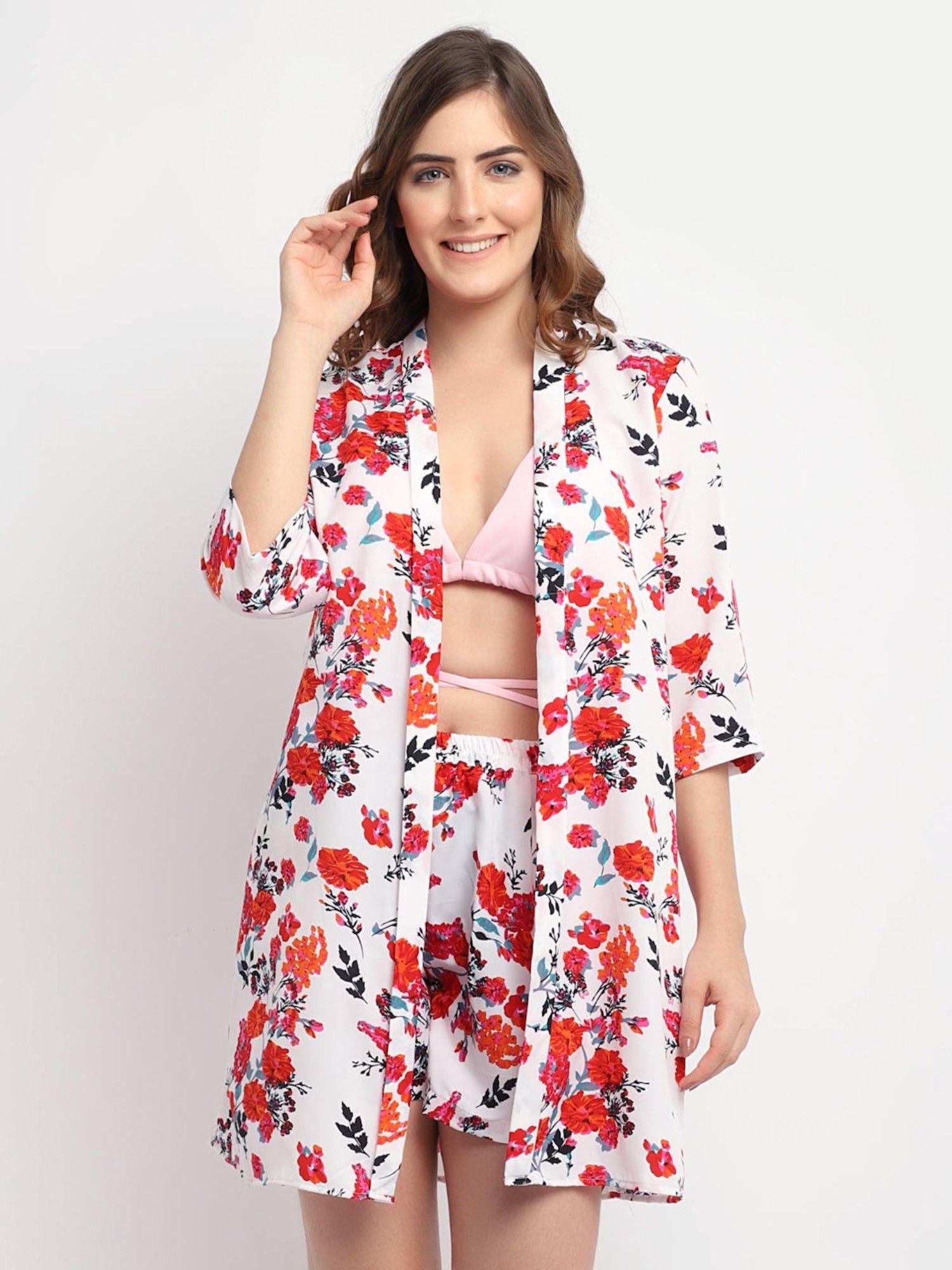 women white & red printed beachwear cover-up set