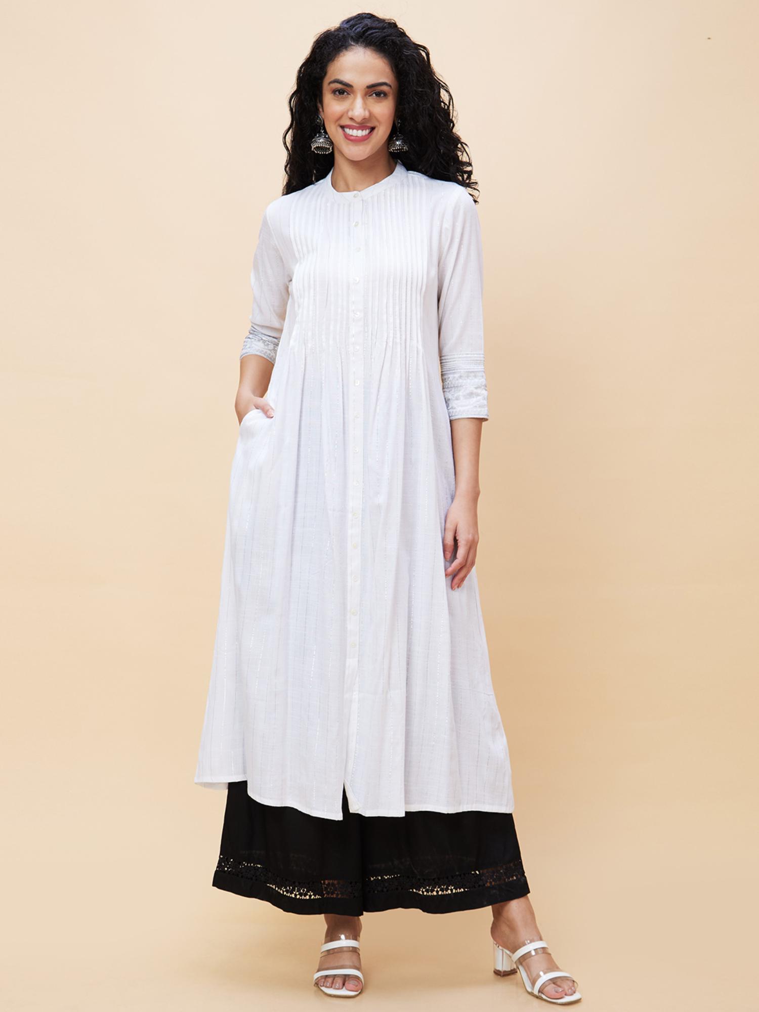 women white & silver-toned band collar striped thread work pleated a-line kurta