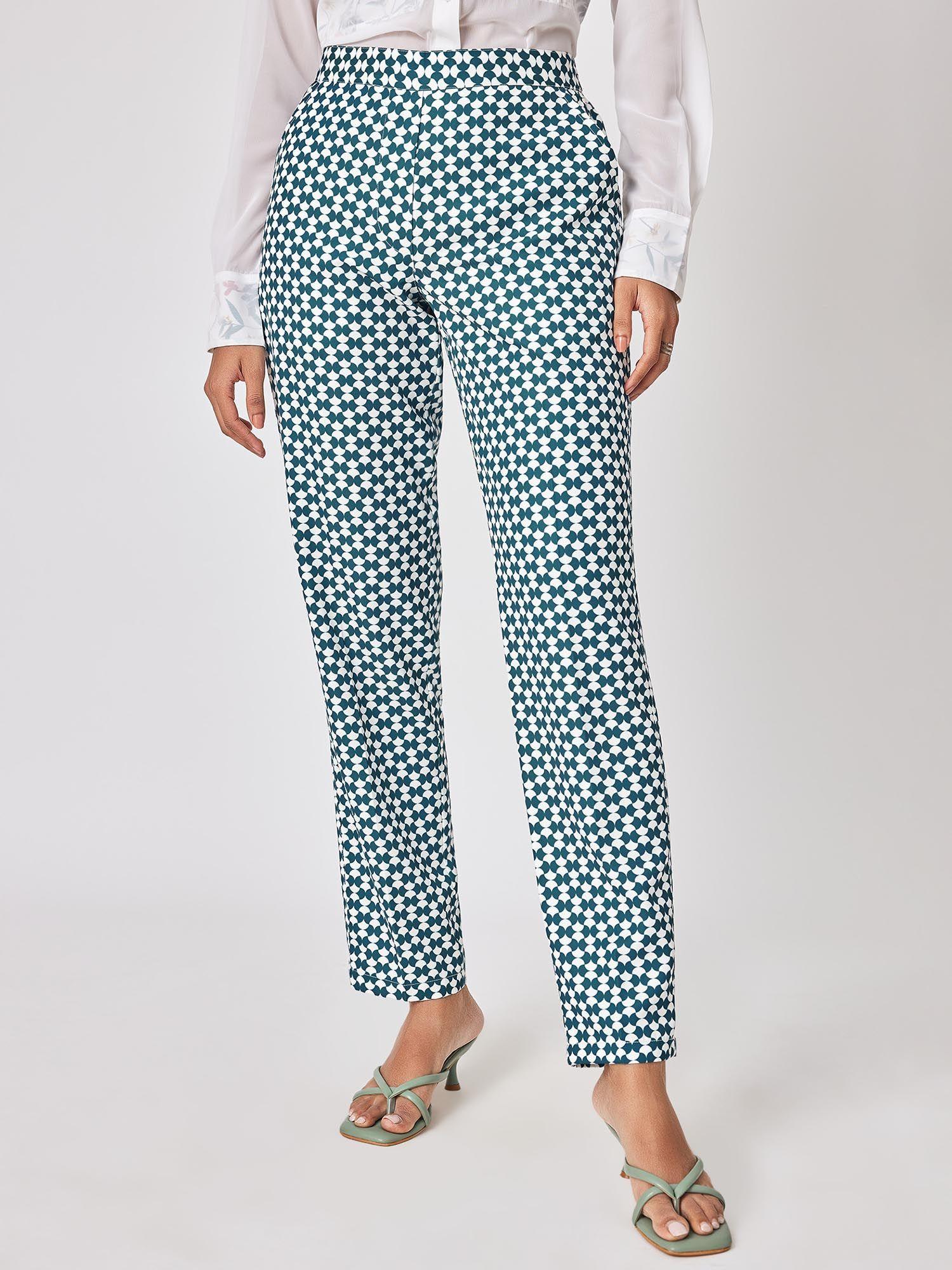 women white & teal geo print trousers