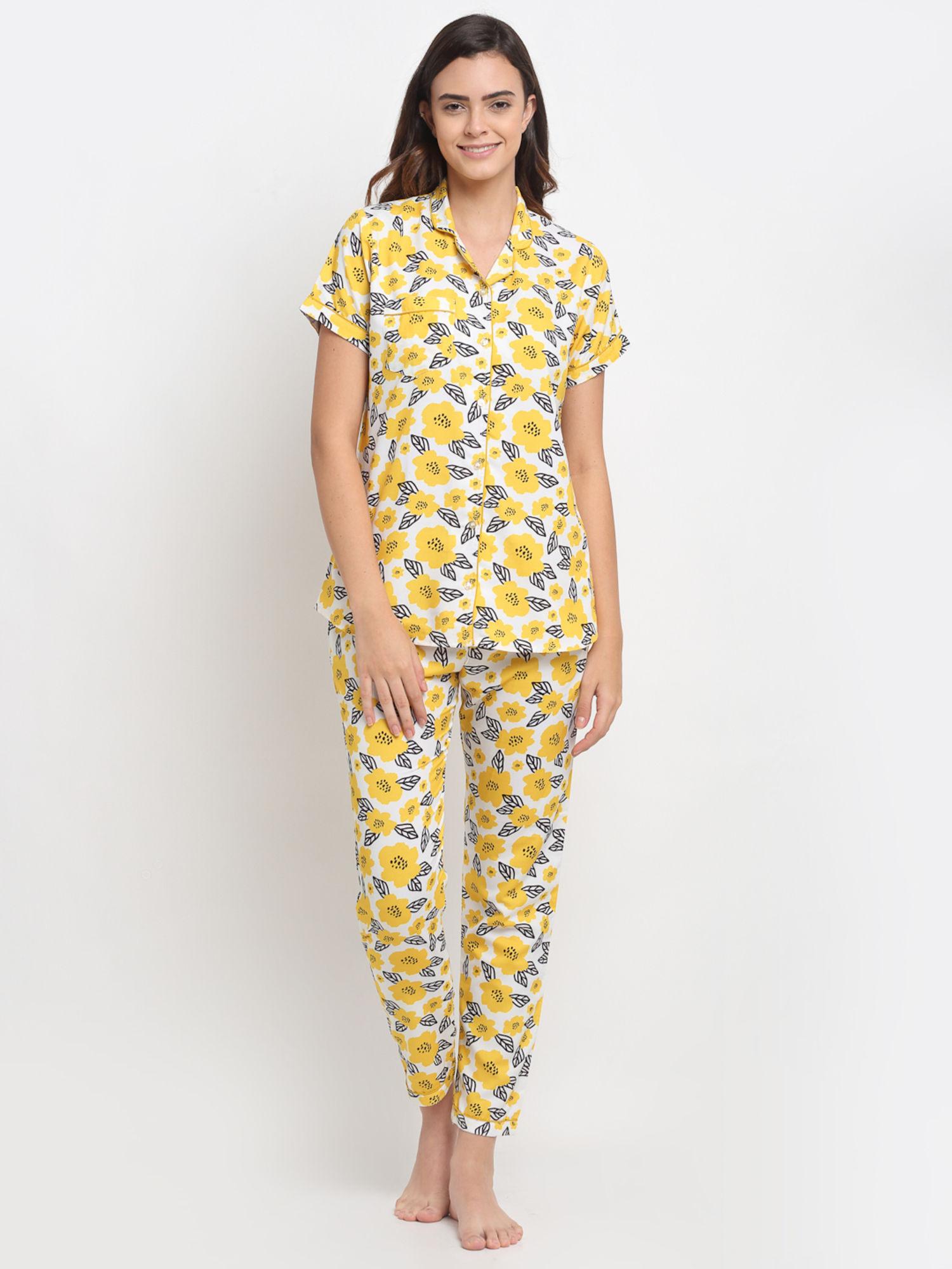 women white & yellow printed printed pyjamas set