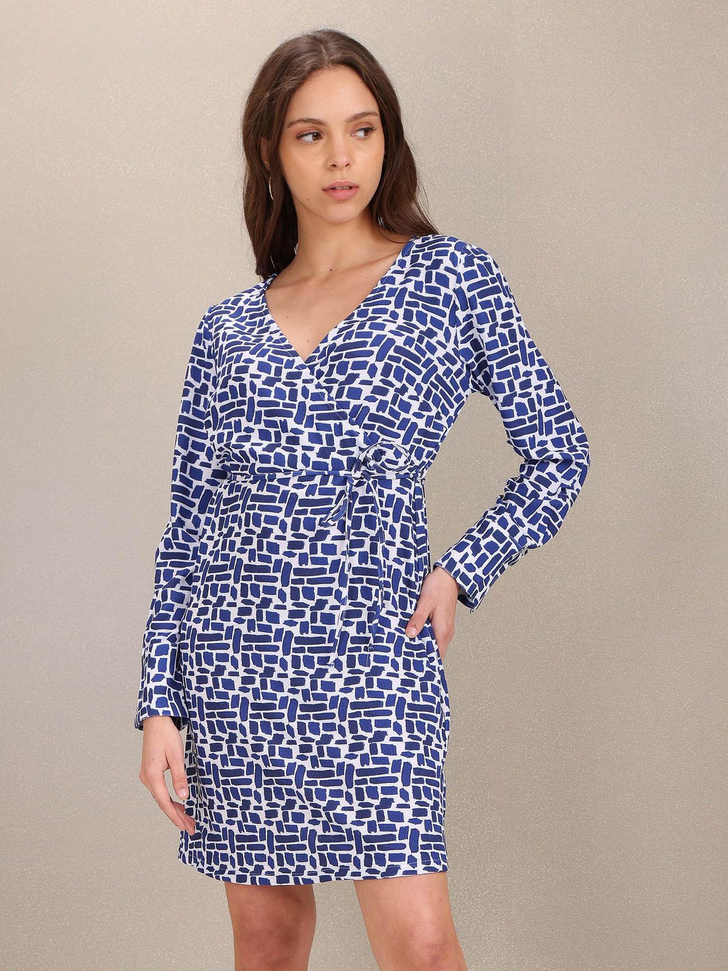 women white and blue geometric print fit and flare dress