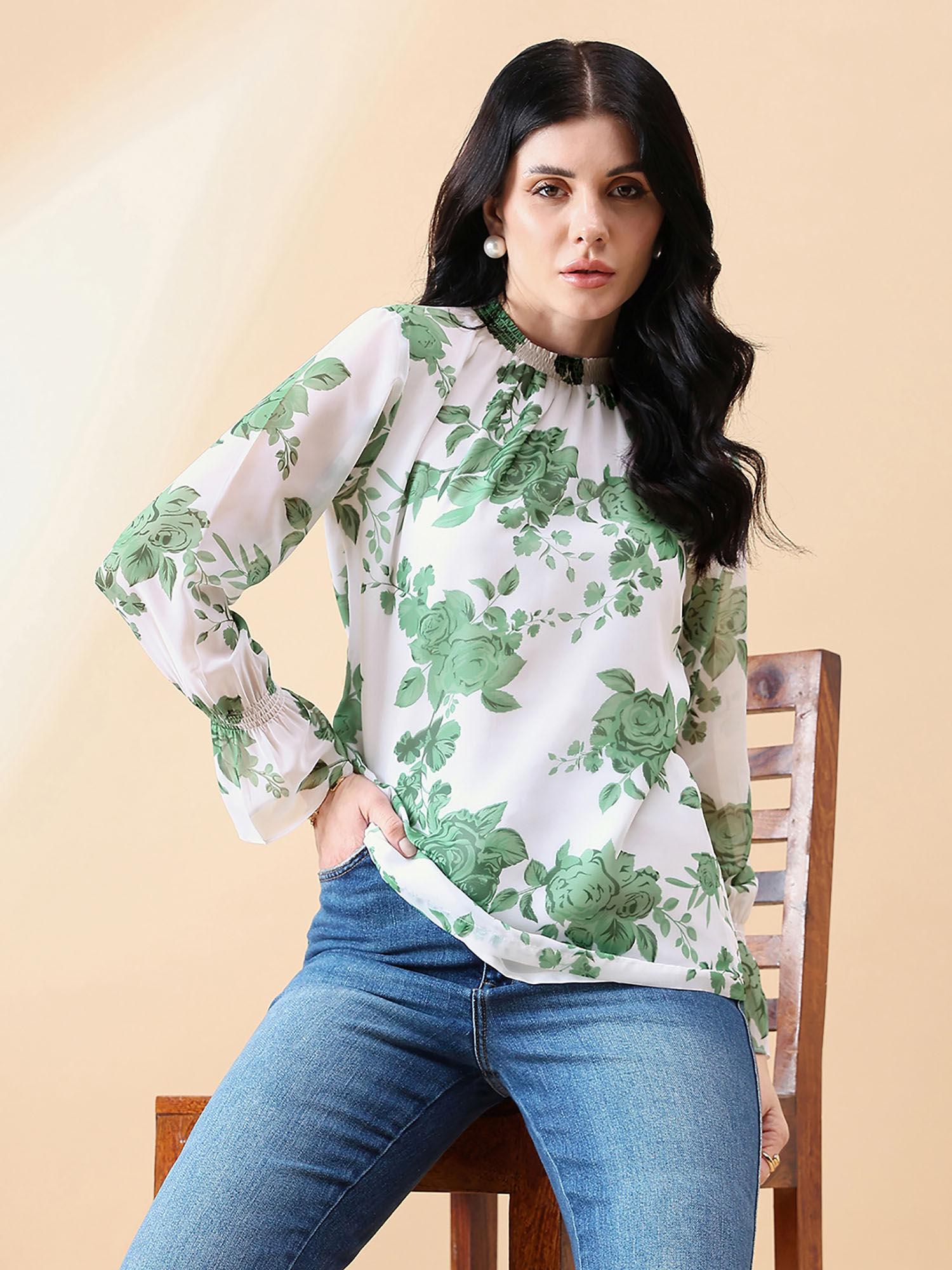 women white and green floral print top