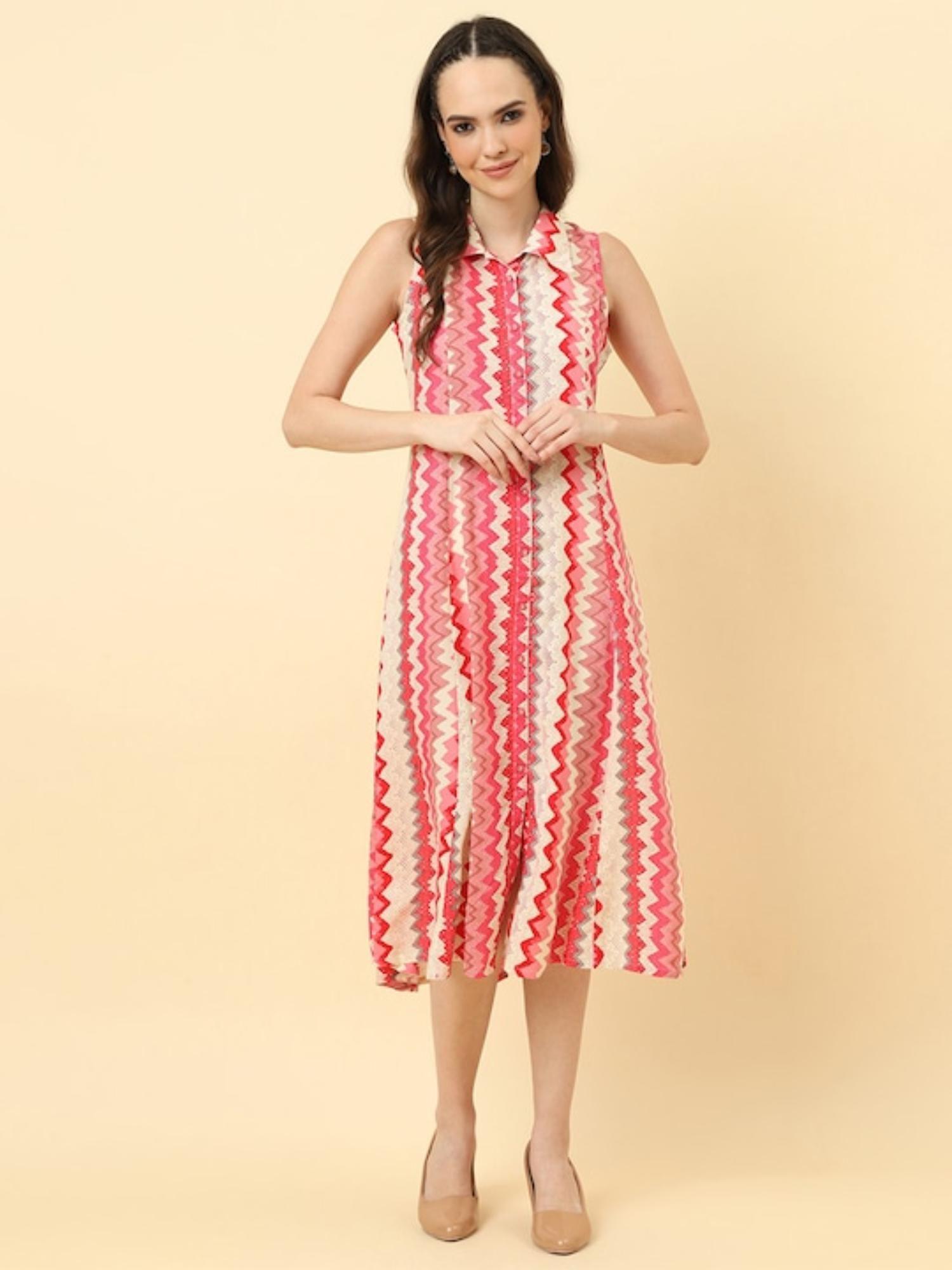 women white and pink chevron printed a-line midi dress