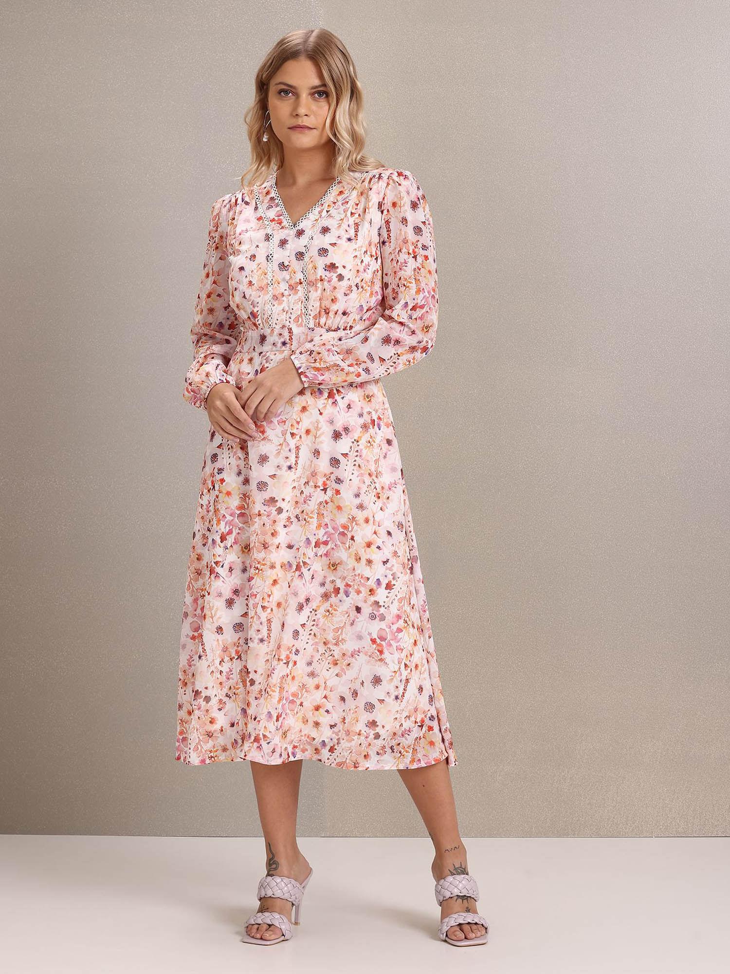 women white and pink v-neck floral print fit and flare dress