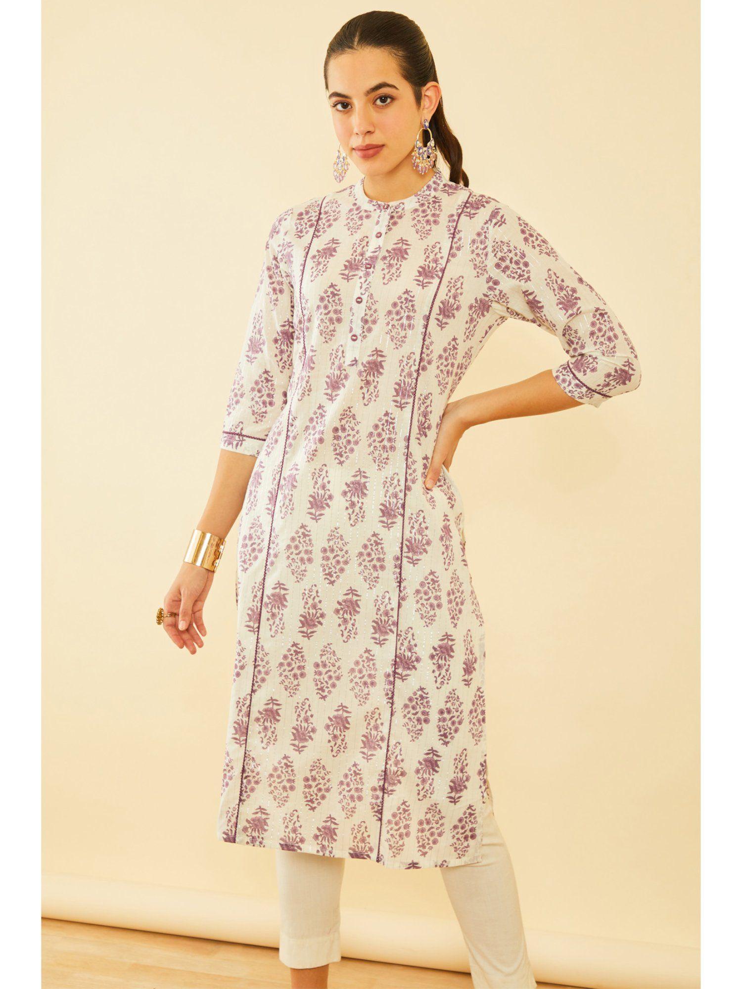 women white and purple cotton floral print kurta