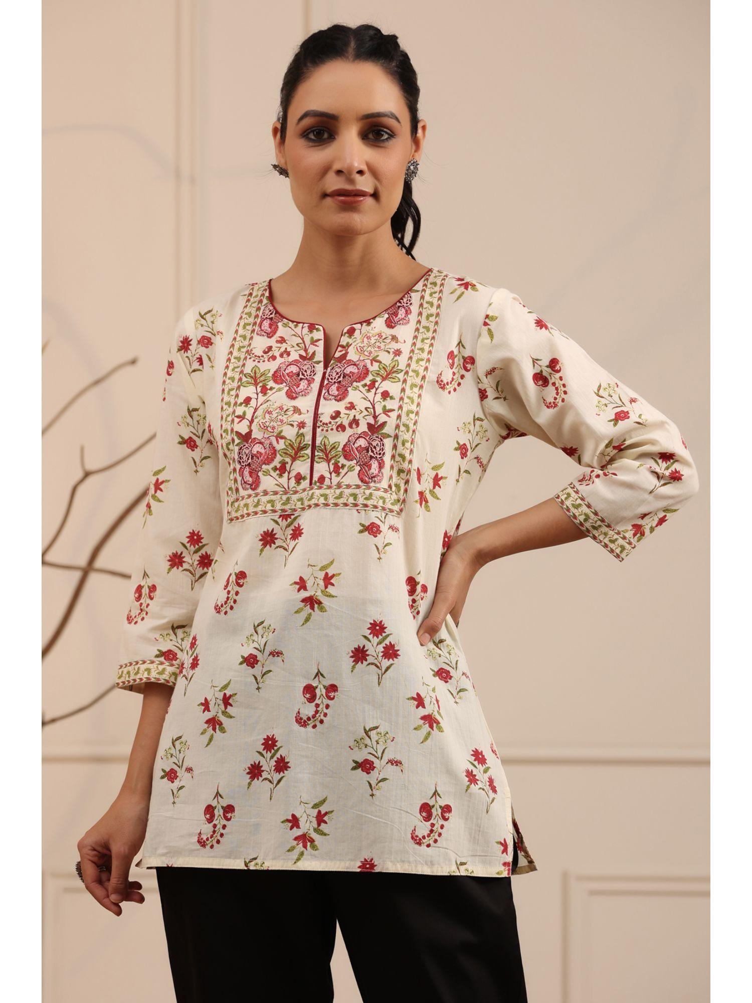 women white and red floral printed pure cotton straight kurti
