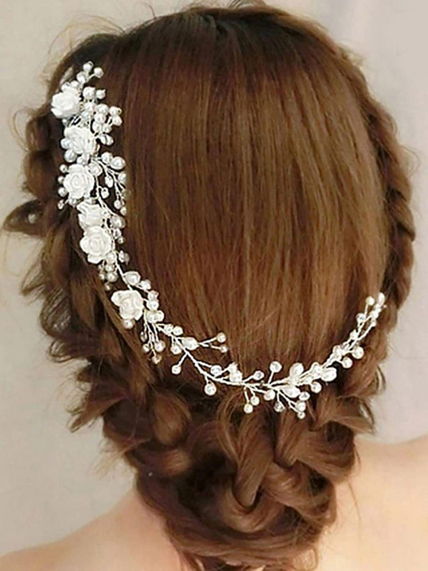 women white and silver-toned pearls beaded comb pin