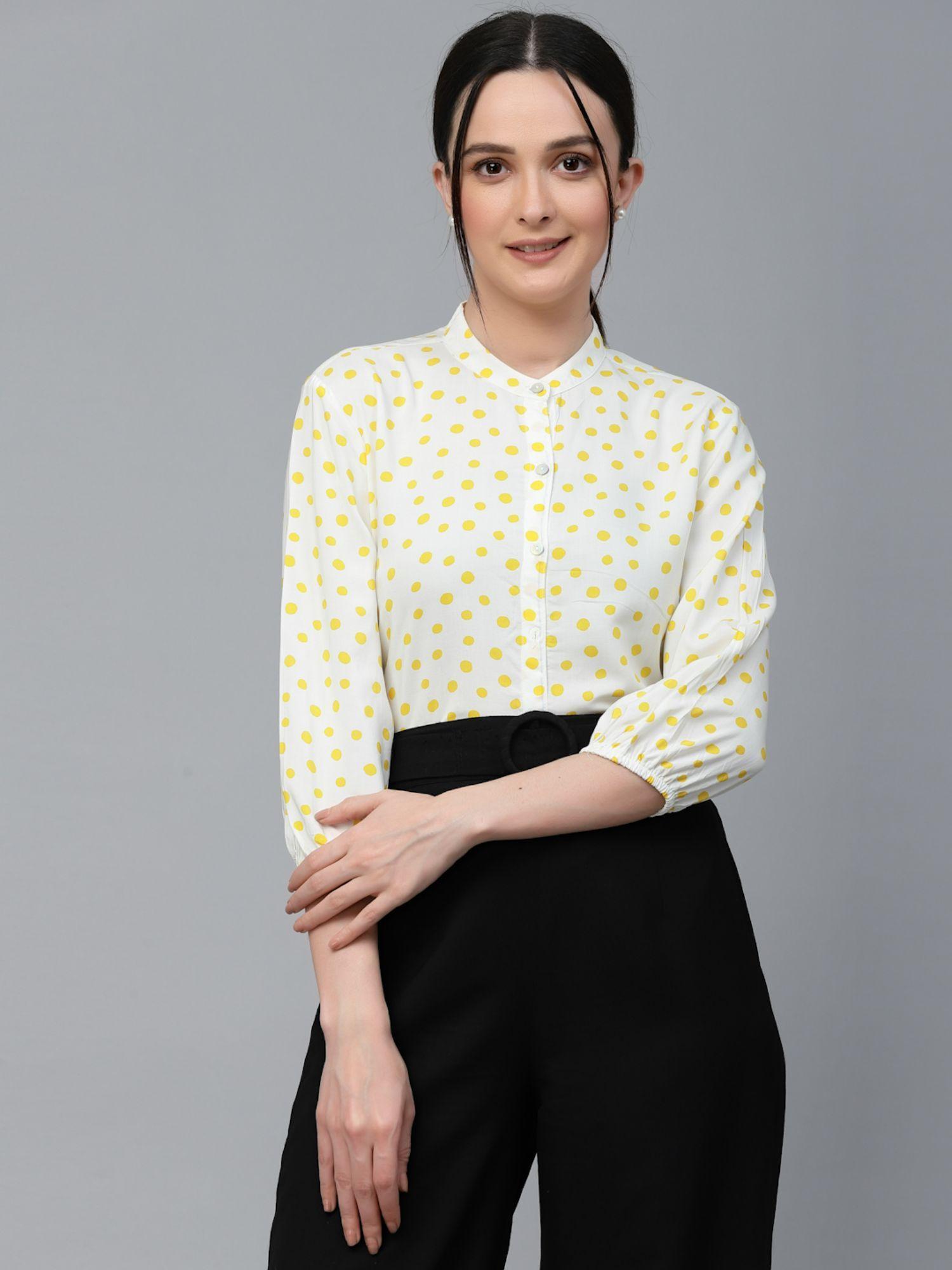 women white and yellow polka dot rayon regular smart casual shirt