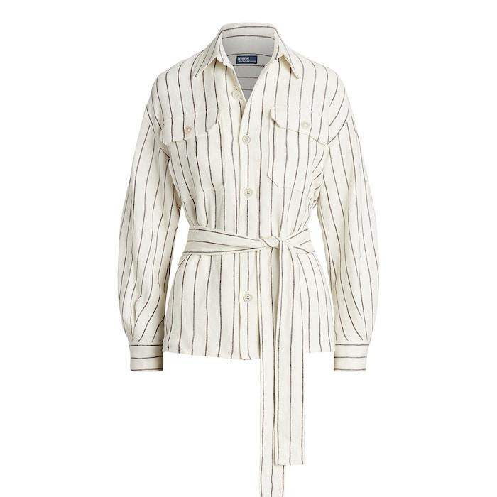 women white belted striped linen utility shirt