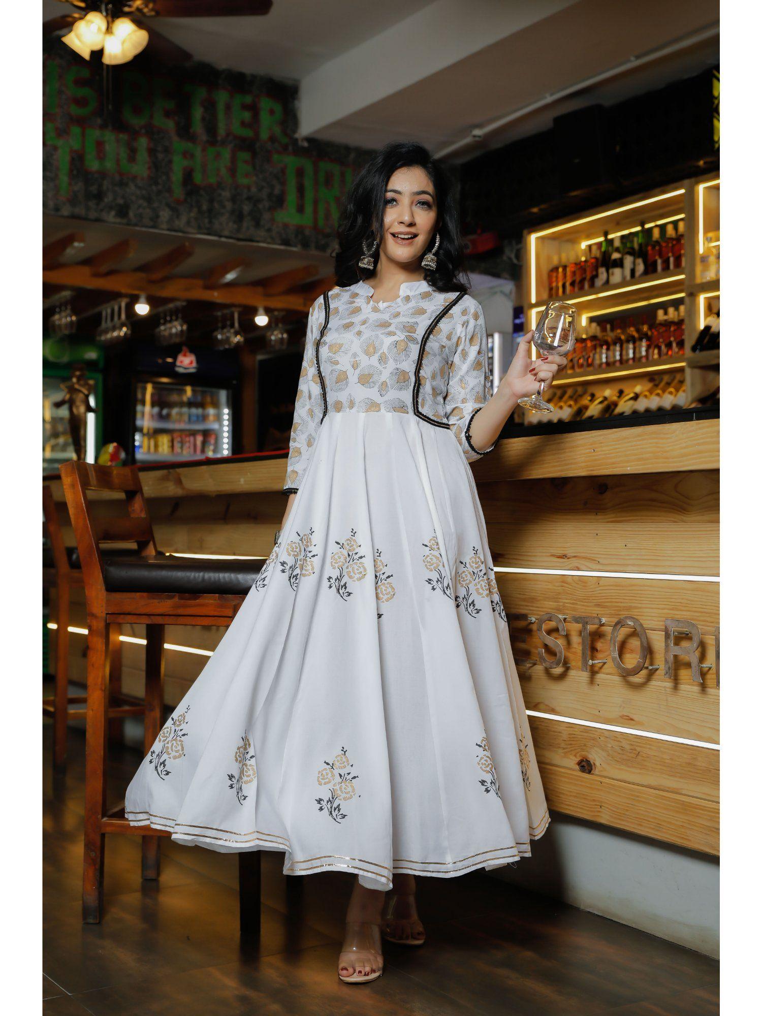 women white block print anarkali kurta