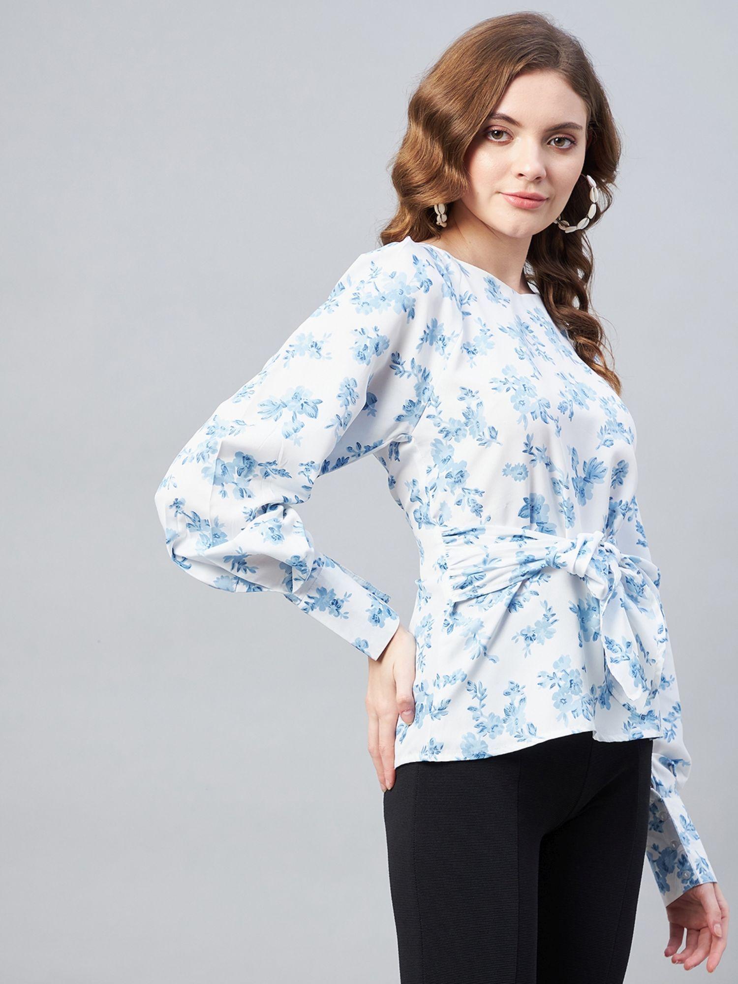 women white boat neck floral printed top