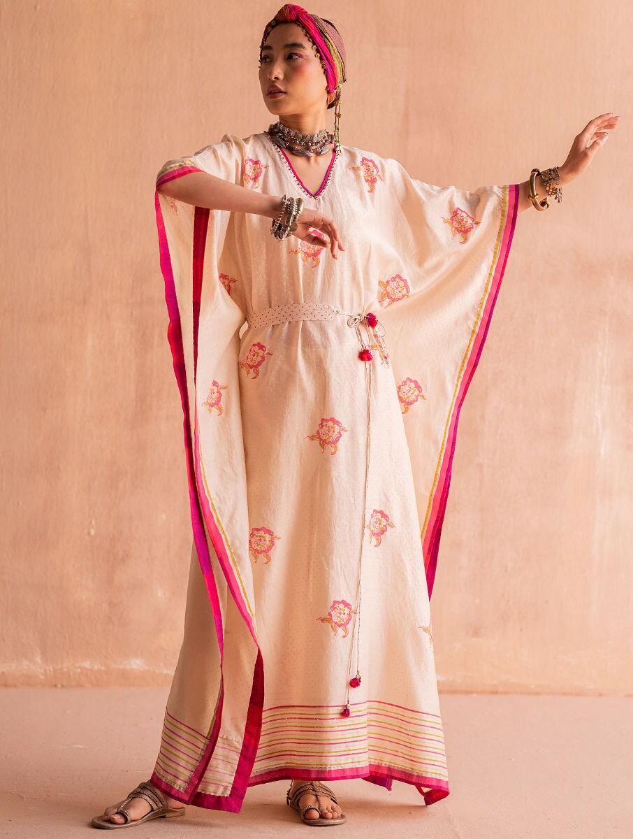 women white chanderi silk embroidered v neck kaftan