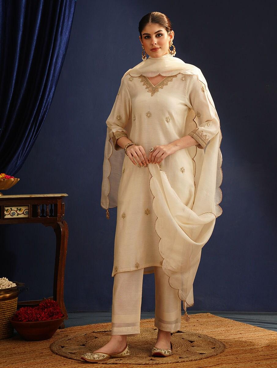 women white chanderi silk embroidered v neck straight regular kurta, pants & dupatta