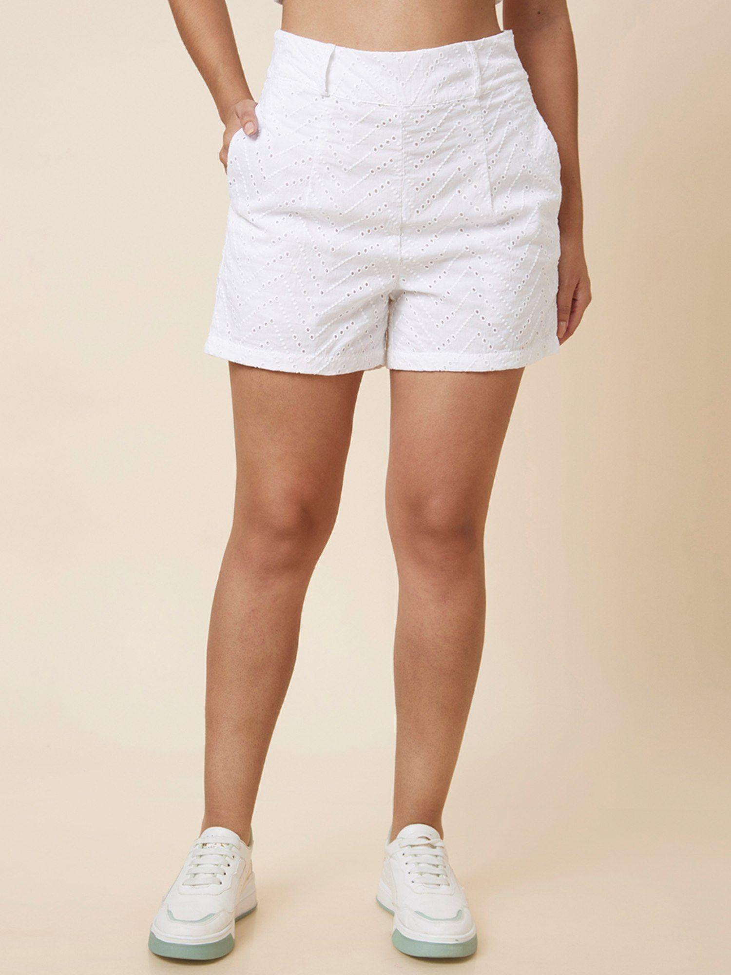 women white chevron schiffli high-rise cotton shorts