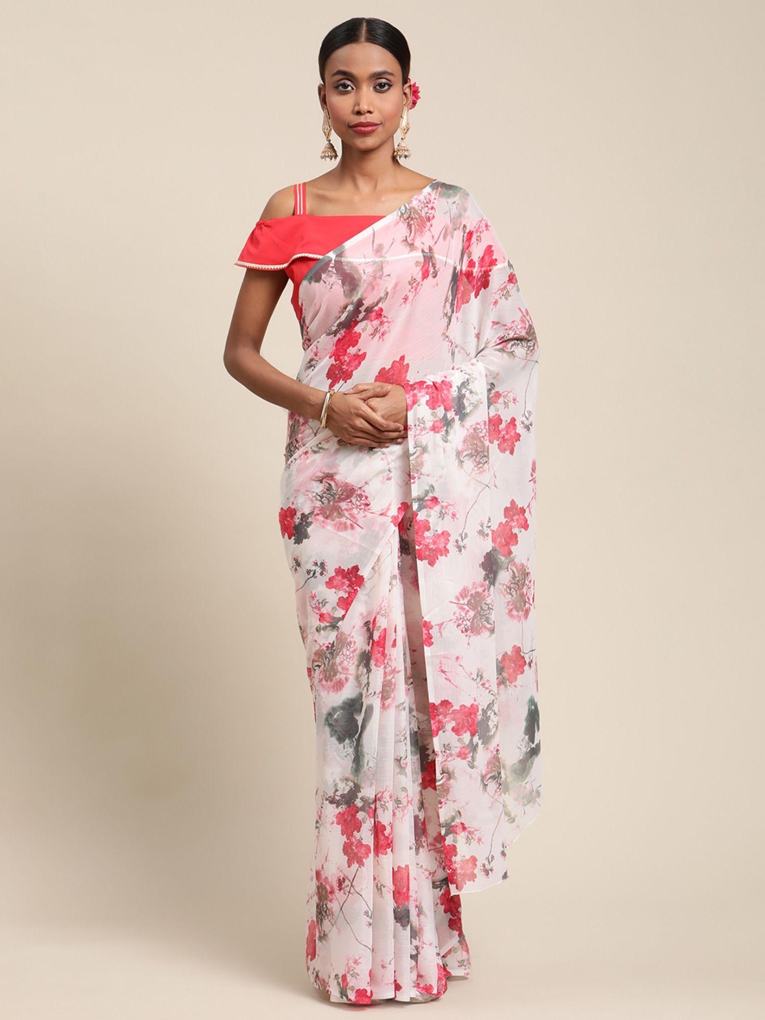 women white chiffon digital print floral saree with unstitched blouse