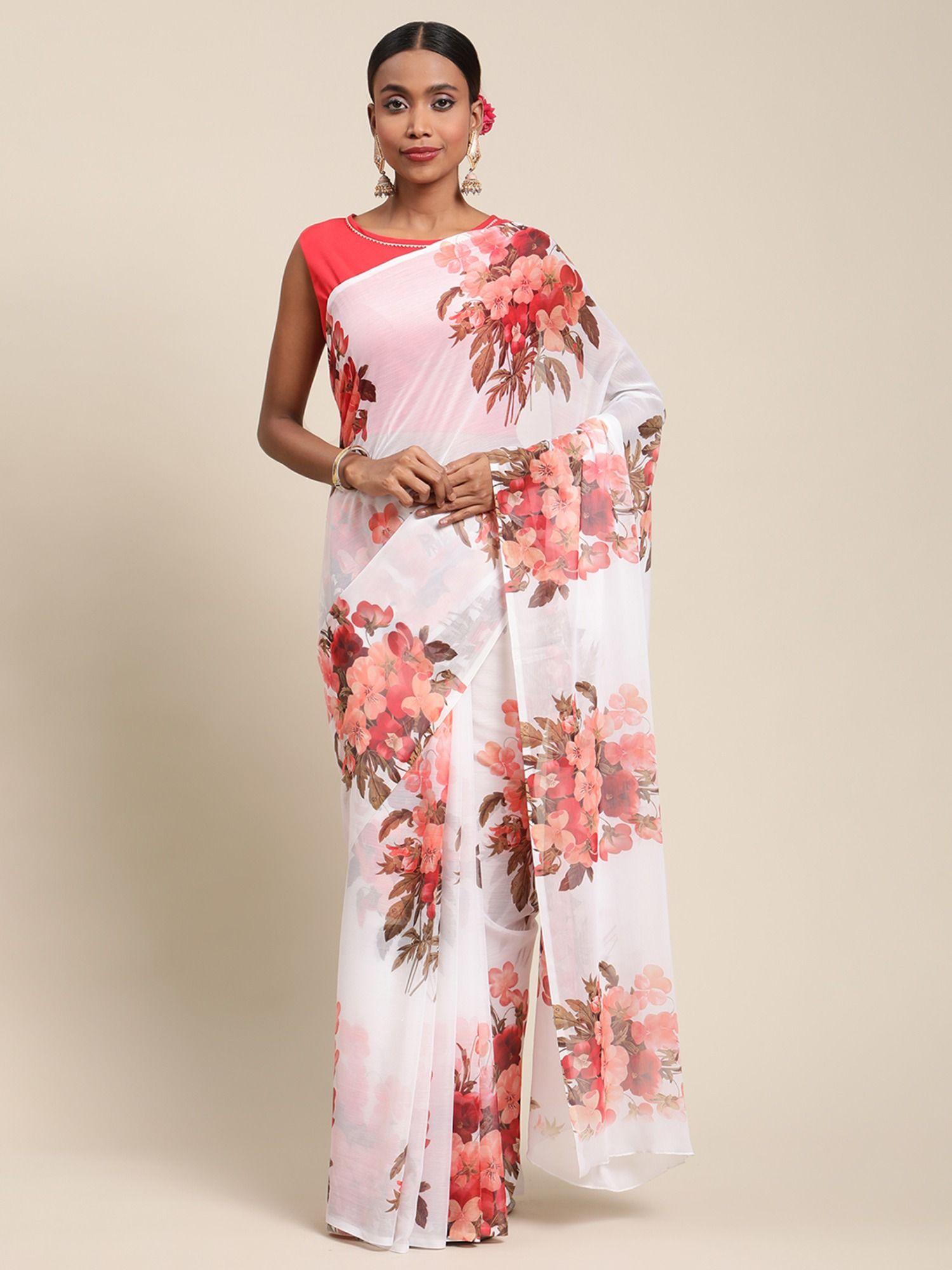 women white chiffon floral digital print saree with unstitched blouse