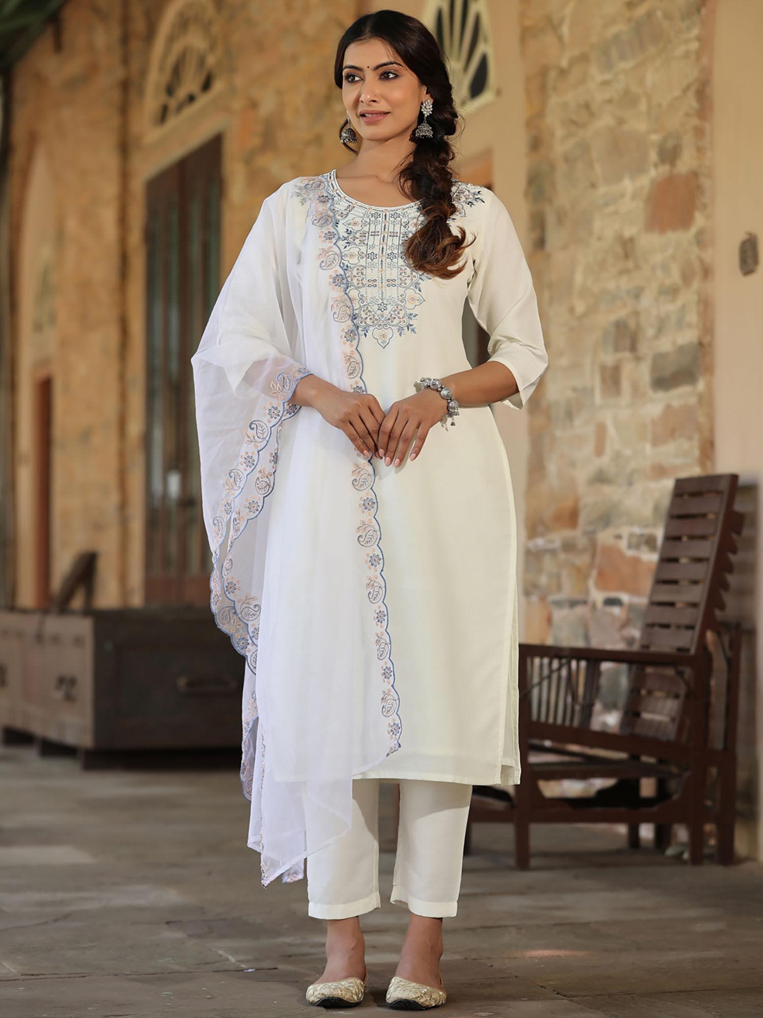 women white chinnon solid embroidered kurta (set of 3)