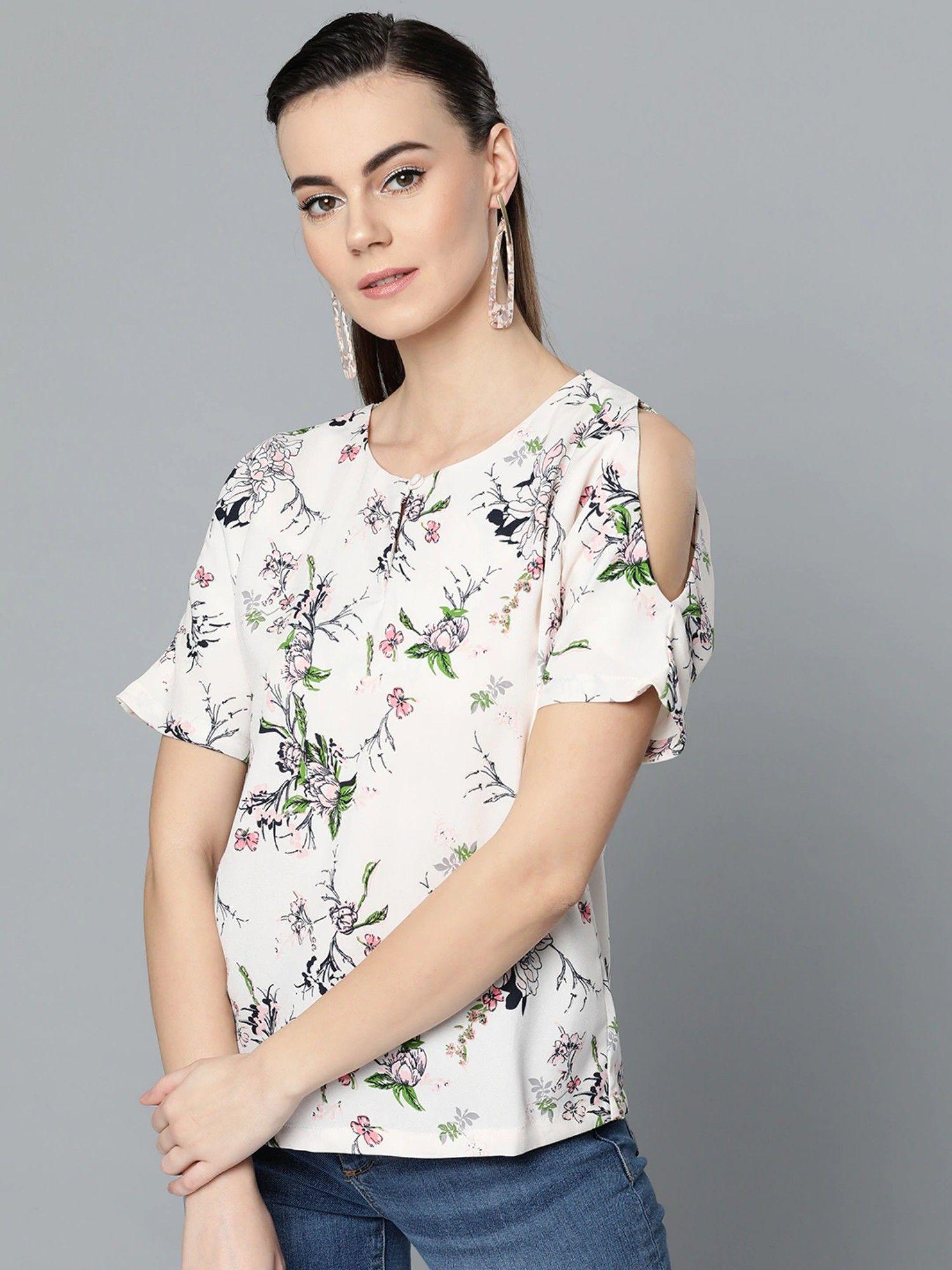 women white cold shoulder printed top