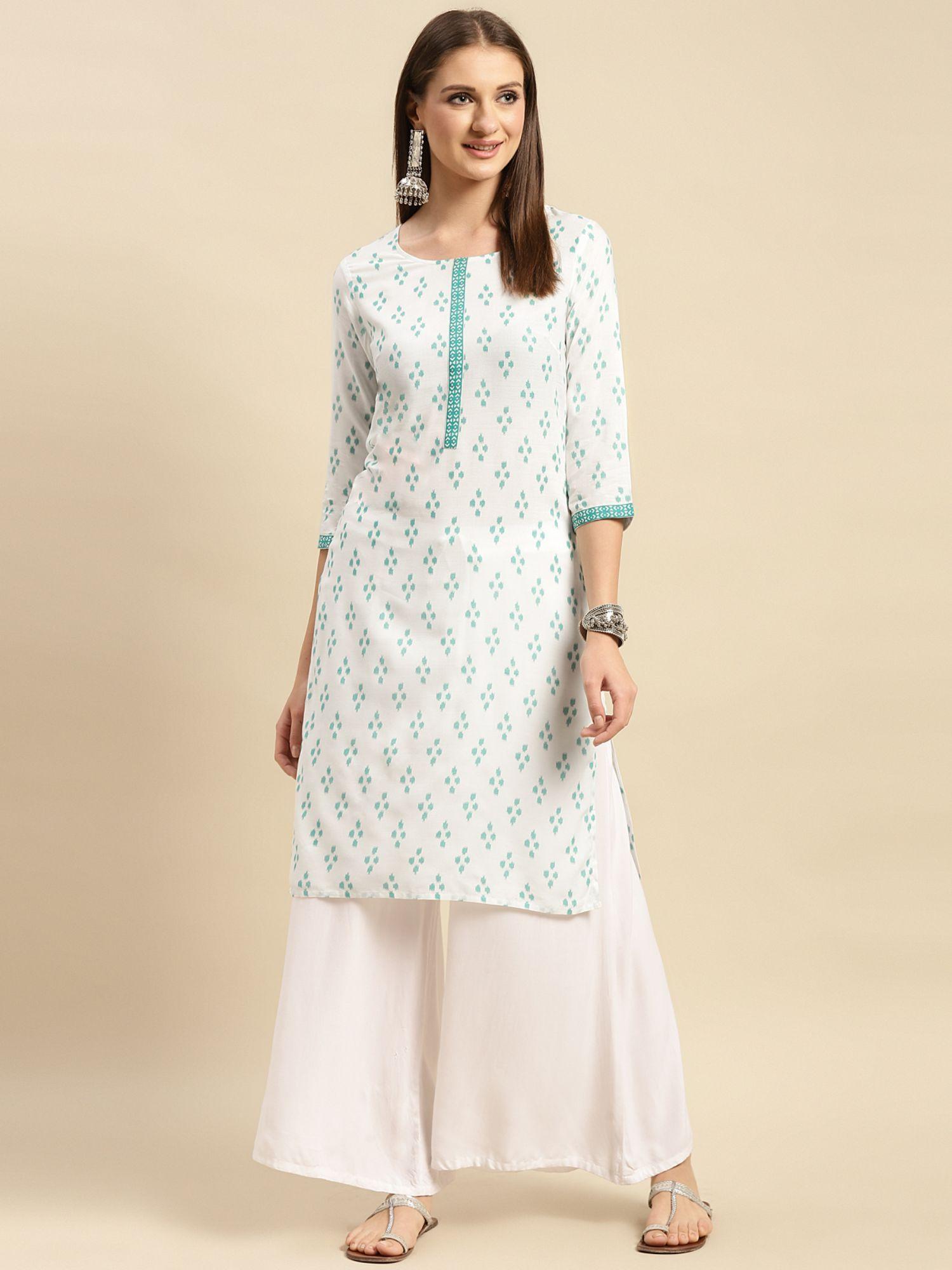 women white contrast placket ikat printed knee length straight kurta