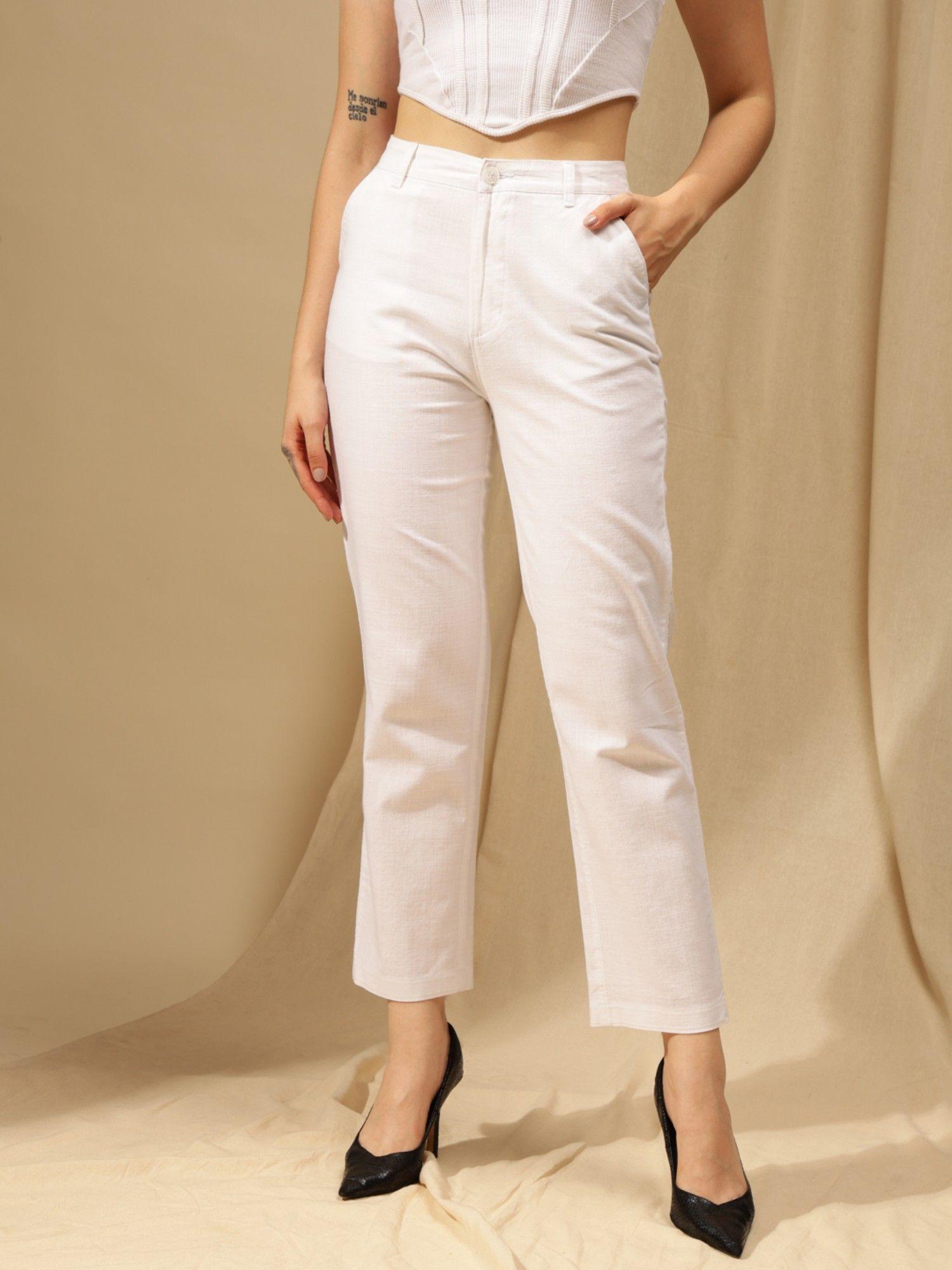 women white cotton - linen straight fit high-rise trousers